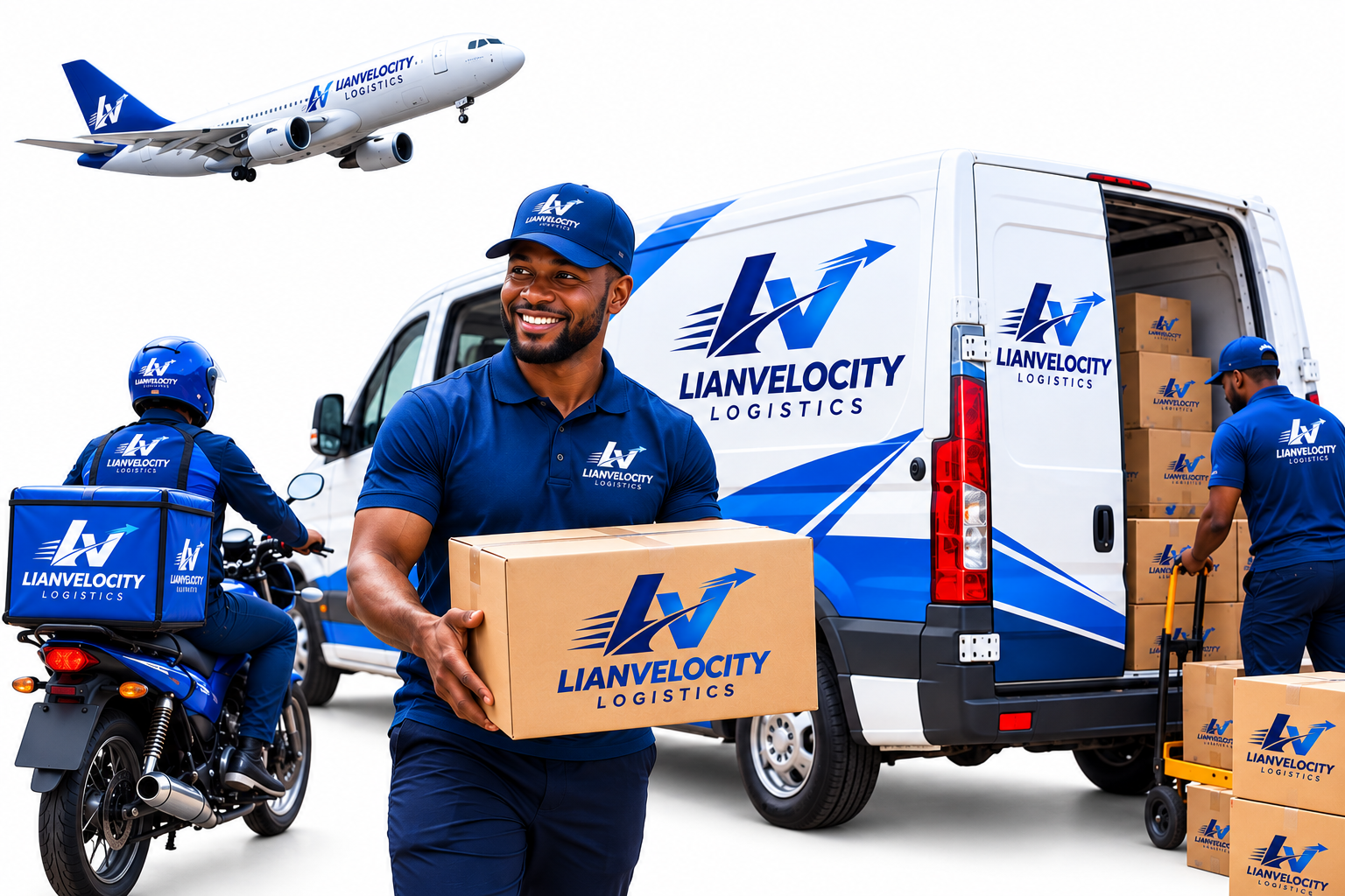 LianVelocity Logistics courier, delivery van, motorcycle, packages and airplane on a white background